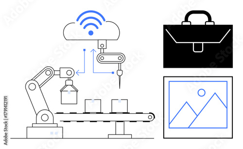 Robotic arm assembling boxes on a conveyor belt, integrated with cloud computing, briefcase, and framed picture. Ideal for smart manufacturing, automation, IoT, digital transformation, technology
