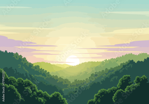 Pixelated sunrise over densely forested rolling hills under a pale colorful sky