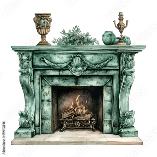 Watercolor Antique Teal Marble Fireplace with Burning Fire Vector Illustration
