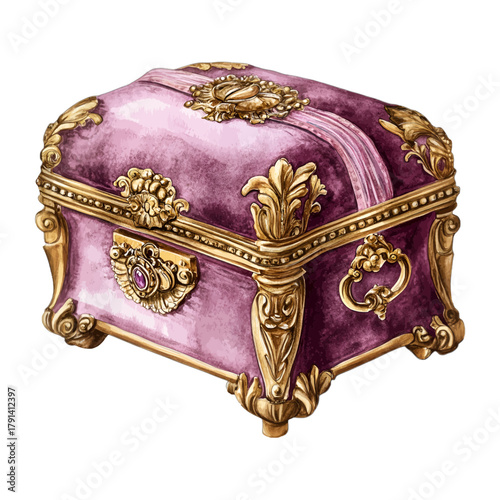 Watercolor Vintage Purple Velvet Jewelry Casket Box with Gold Trim Vector
