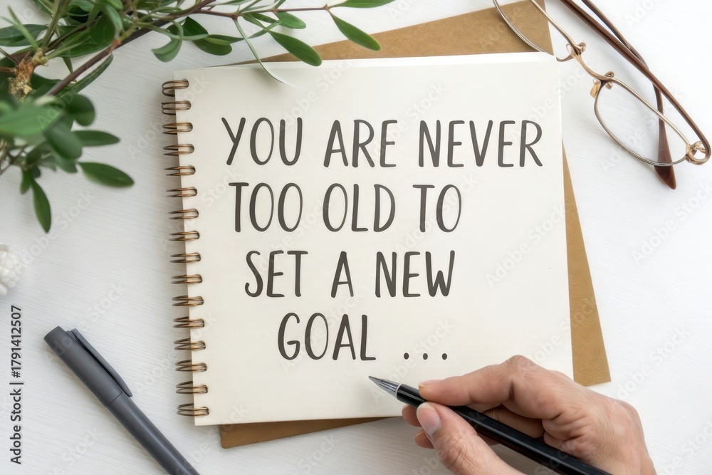 Fototapeta premium A notebook with inspirational text and a hand writing