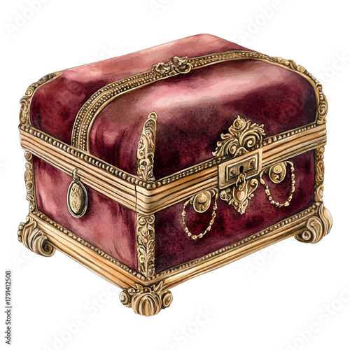 Watercolor Vintage Red Velvet Jewelry Casket Box with Gold Trim Vector
