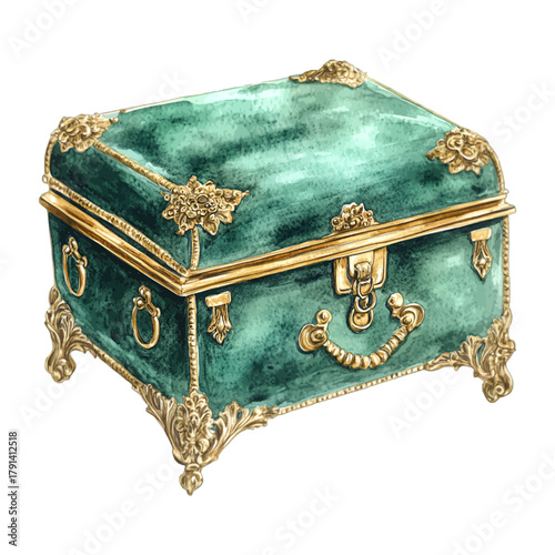 Watercolor Malachite Green Vintage Jewelry Casket Box Vector
