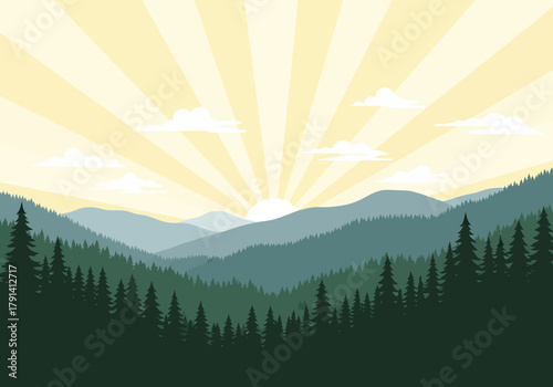 Stylized sunrise over layered forested mountains with sunburst