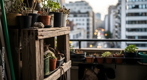 Fototapeta Naklejka Na Ścianę i Meble -  Potted plants on a rustic wooden shelf on a city balcony with buildings in the background.