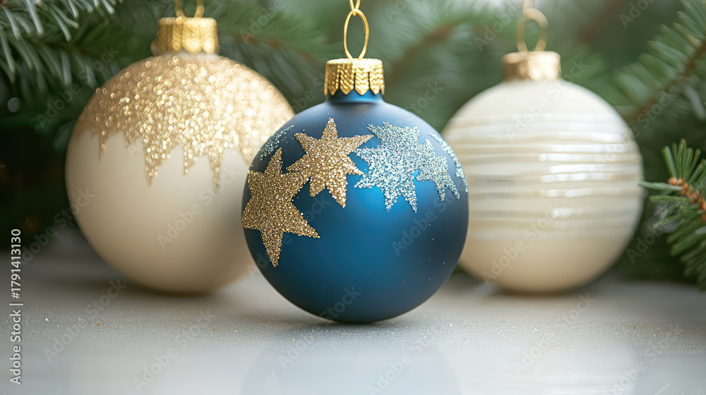 Fototapeta premium Elegant Christmas Ornaments in Blue, Gold, and Cream with Glitter Stars
