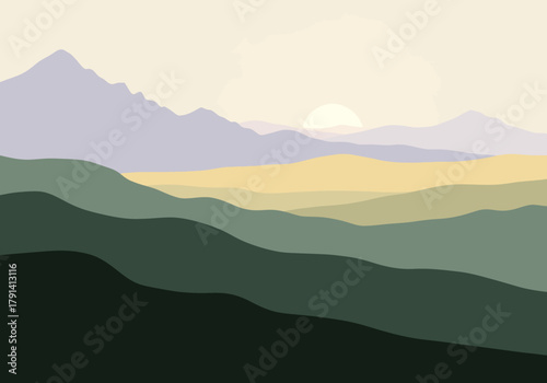 Layered minimalist landscape with rolling hills and mountains at sunrise