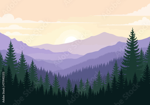 Layered purple mountains fading into the distance above a dark evergreen forest at sunrise