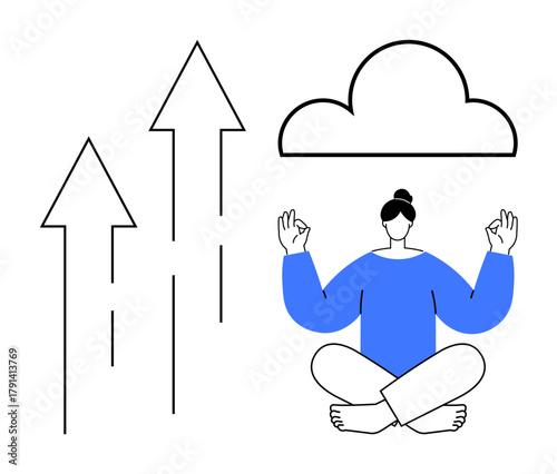 Person meditating in lotus position beside cloud and upward arrows symbolizing growth, tech, and mindfulness. Ideal for mindfulness, personal growth, tech innovation, cloud computing, balance