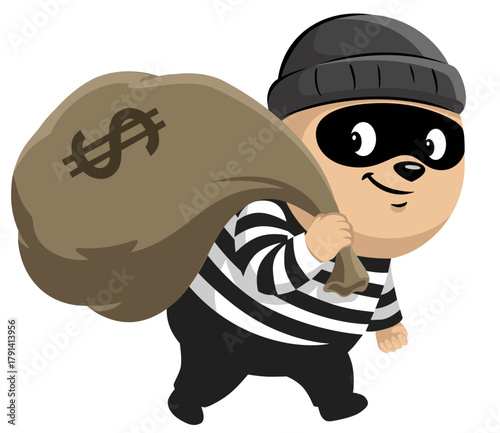 Thief Carrying Money Bag flat Vector