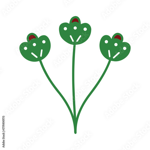 Simple green plant drawing with three stylized red and white blooms