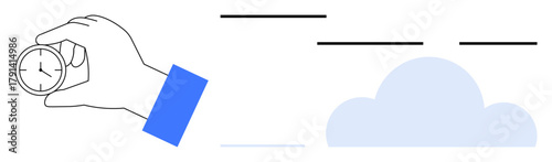 Hand holding timer with blue sleeve, soft cloud, and dynamic lines suggesting connection and speed. Ideal for time, management, productivity, scheduling, performance, technology simple flat metaphor
