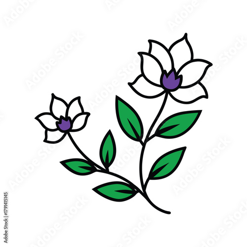 Stylized illustration of two white flowers with purple centers