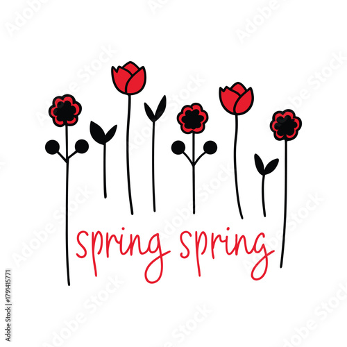 Stylized red spring flowers with 'spring spring' text illustration