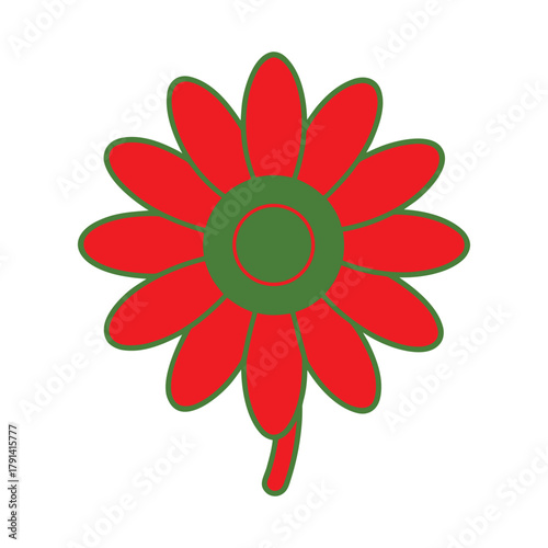Stylized red flower with green center on a white background illustration.