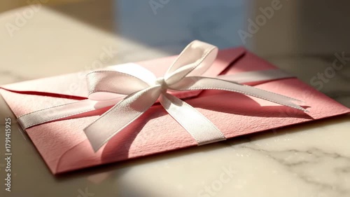 A beautiful soft pink envelope sealed with a pristine white bow, resting in gentle sunlight, symbolizing a heartfelt announcement, a romantic love letter, or a special gift