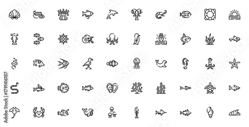 Sea life icon set. Marine vector illustrations. Featring dolphin, shark, whale octopus, turtle, fish, crb, seahorse, jellyfish, coal and more. Editable stroe.