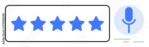 Five blue stars inside a rectangular rating bar with a microphone icon representing voice input. Ideal for feedback, ratings, user interaction, audio commands, customer satisfaction, usability