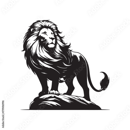 Vector illustration of a sketch of a tiger standing proudly on a rock, drawn in a simple yet detailed line style.