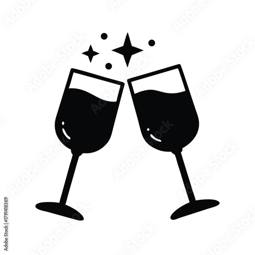 Two champagne glasses toasting with bubbles and sparkles in a black and white icon