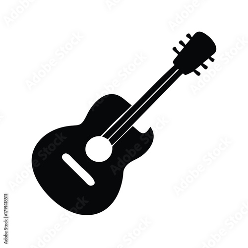 A black silhouette of an acoustic guitar on a plain white background