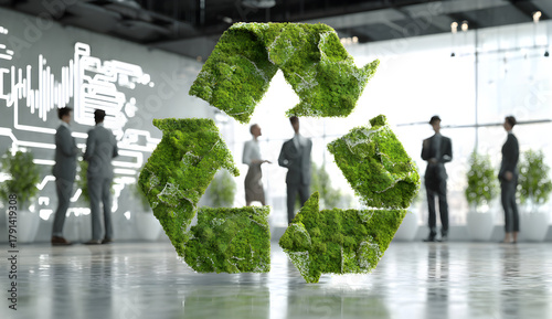 Green recycle symbol overlays business people in modern office promoting sustainability and environmental responsibility, creating a hopeful atmosphere.