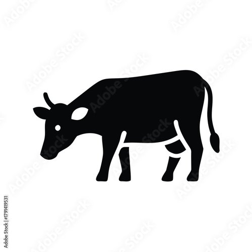 A simple black silhouette of a cow grazing on a white isolated background view