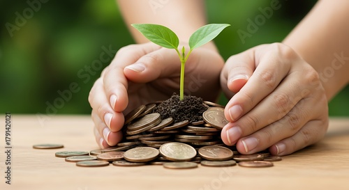 Hands protecting small green plant growing from pile of coins money growth