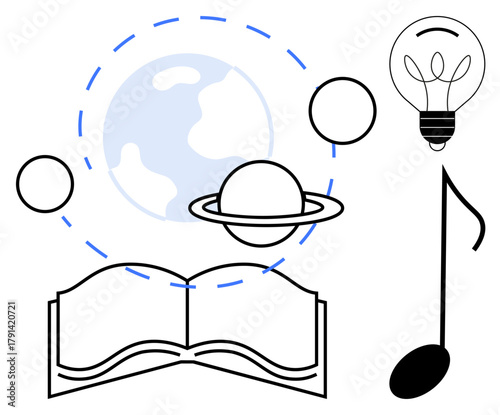Open book surrounded by Earth, Saturn, musical note, and light bulb suggesting learning, imagination, art, science, discovery education and innovation. Ideal for inspiration teaching or growth