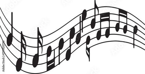 Black and White Musical Notes on a Wavy Staff sheet music melody