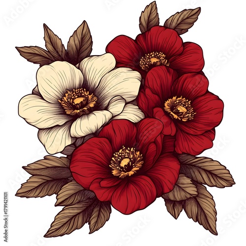 Detailed botanical illustration features a cluster of vibrant red and cream flowers with stylized foliage