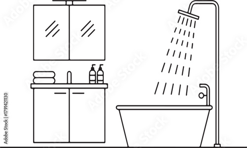 Bathroom interior line art with bathtub sink and cabinet drawing sketch