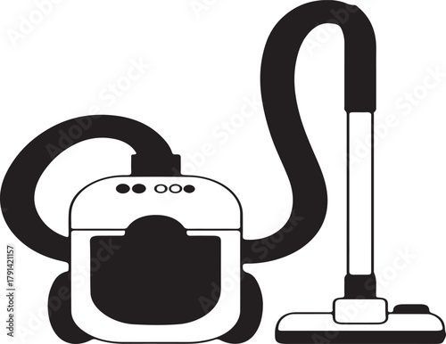 Black silhouette of a canister vacuum cleaner with hose and wand cleaning appliance
