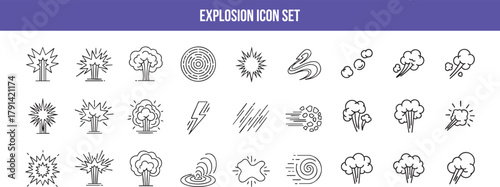 Explosion icon set with various effects, including lightning, wind, and impact