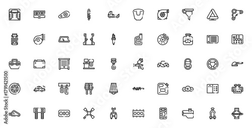 Car repair icon set. Vector automotive tools and pars collection. Includes carwash, air conditioning, hedlight, shock absorber, tubo, engine, battery, tire nd more.