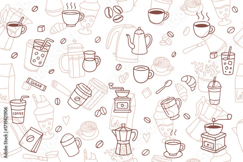 A set of hand-drawn coffee designs: drinks, snacks, and coffee accessories. Vector outline of coffee and pastries for cafe menus.