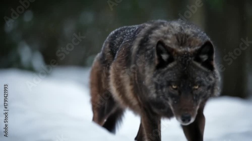 Black wolf walking through snowy forest environment at dusk