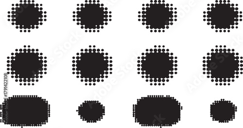Collection of abstract halftone dot patterns in various shapes and sizes Keywords: abstract, halftone, dots, circles