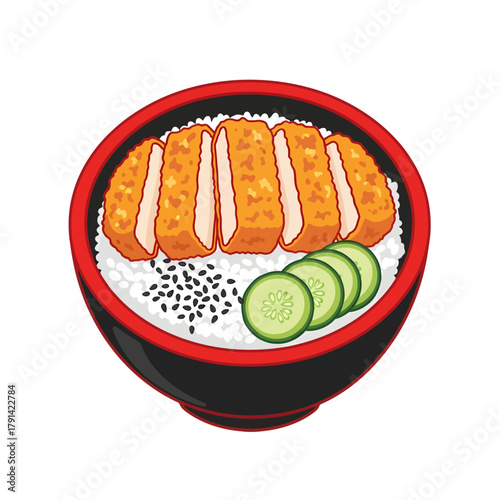 Appetizing vector illustration of a Japanese Katsu rice bowl featuring crispy fried cutlet slices, fresh cucumber, and black sesame seeds served over white rice in a traditional red and black bowl