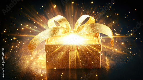 Opened magic gift box with golden ribbons glows with bright, radiant light beams from inside. Surprise idea, container for focus, secret gift, Black Friday Sale, Christmas or Birthday present