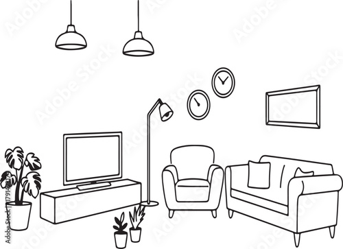 Living room furniture and decor line art with plants and clocks interior drawing