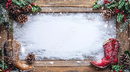 Framed western Christmas scene with blank space in the center bordered by rustic wood and decorated with holly, pinecones, and cowboy boots against a snowy backdrop