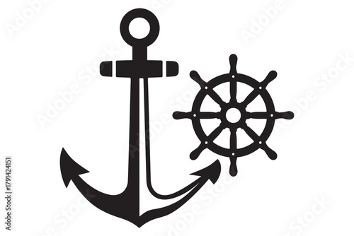 Black silhouette of a ship s anchor and steering wheel isolated on white background
