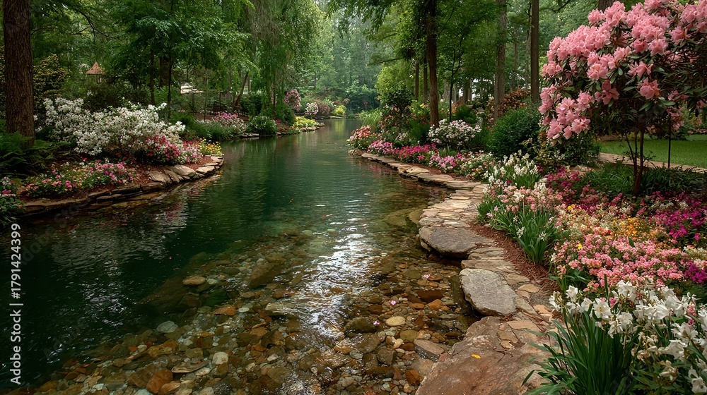 Obraz premium River flows through a lush green forest with vibrant flowers and clear water.