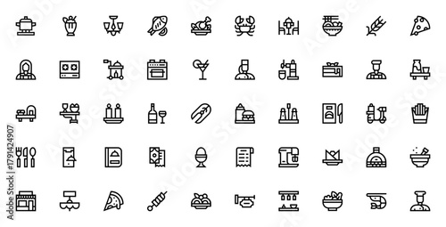 Food and Restaurant icon set. Vector illustration inludes symbols for cooking,chef, menu, delivery, pizz, sushi, wine and more. Edtable stroke icons.