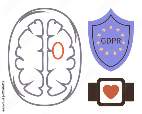 Brain anatomy with highlighted region, shield labeled GDPR, smartwatch with heart. Ideal for healthcare, data privacy, neuroscience, wearable tech, medical research cybersecurity regulation. Simple
