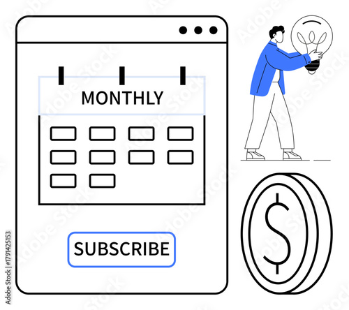 Monthly calendar with a subscribe button, person holding a lightbulb symbolizing creativity, and a dollar coin. Ideal for subscription services, innovation, budgeting, savings, business concepts