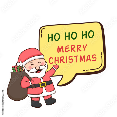 Cute Santa Claus with gifts and Saying Ho Ho Ho Merry Christmas Cartoon Illustration