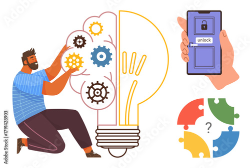 Man arranging gears inside a light bulb representing innovation, smartphone unlocking for secure access, puzzle pieces for solving challenges. Ideal for creativity, technology, security, solutions