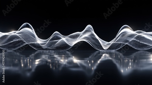 An abstract wave of white dots and lines on a black background. Digital visualization of movement, symmetry, and data.